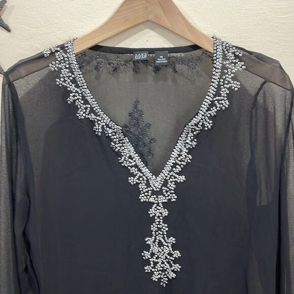 Saks Fifth Avenue 100% Silk Sheer Black Tunic Blouse With Beaded Trim - M - Picture 5 of 10